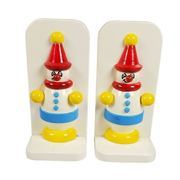 Circus Clown Bookends Yellow Red Childs Shelf Decor Novelty Unique Whimsical - Picture 1 of 8